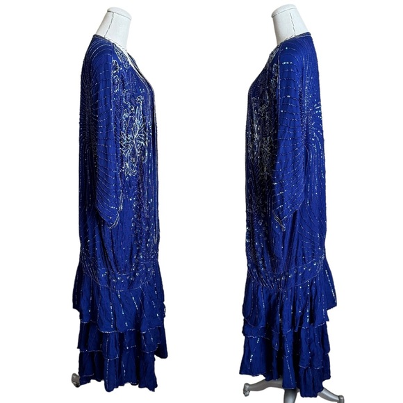 RARE Vintage 80s Judith Ann 2 pc Blue Silk Sequin Beaded Kimono Jacket and Dress - Picture 5 of 16